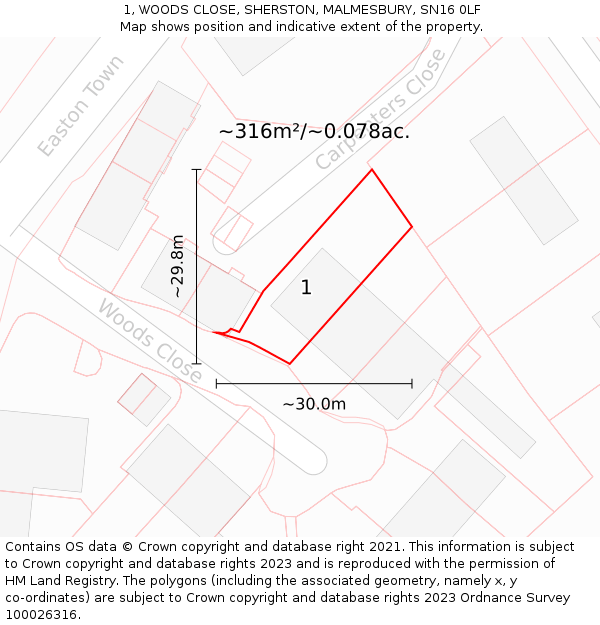 1, WOODS CLOSE, SHERSTON, MALMESBURY, SN16 0LF: Plot and title map