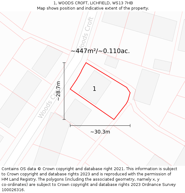 1, WOODS CROFT, LICHFIELD, WS13 7HB: Plot and title map