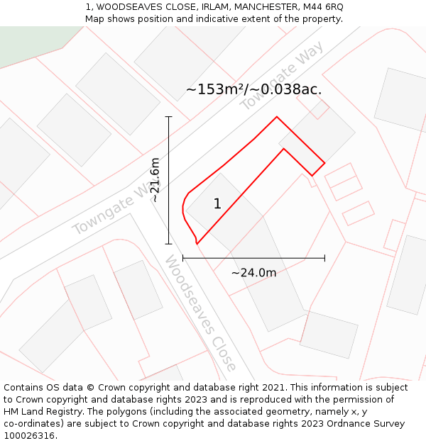 1, WOODSEAVES CLOSE, IRLAM, MANCHESTER, M44 6RQ: Plot and title map