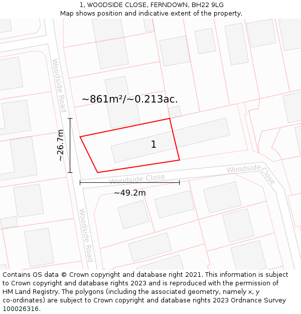1, WOODSIDE CLOSE, FERNDOWN, BH22 9LG: Plot and title map