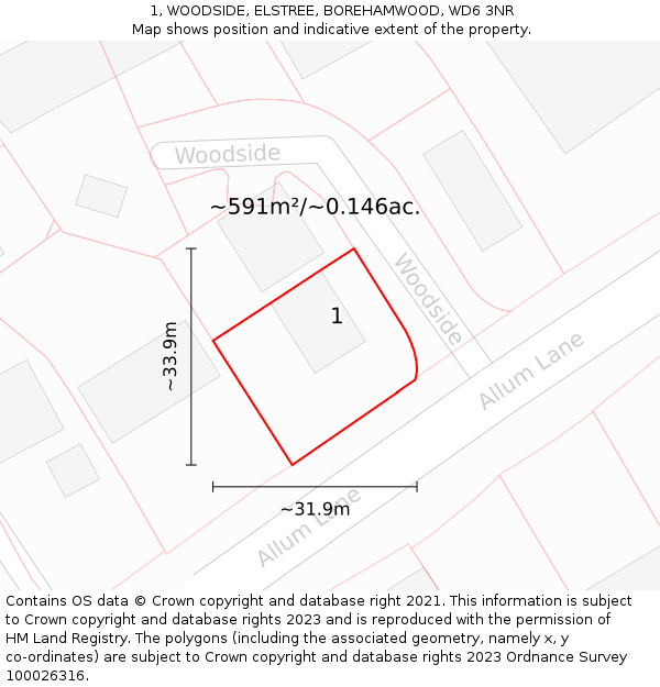 1, WOODSIDE, ELSTREE, BOREHAMWOOD, WD6 3NR: Plot and title map