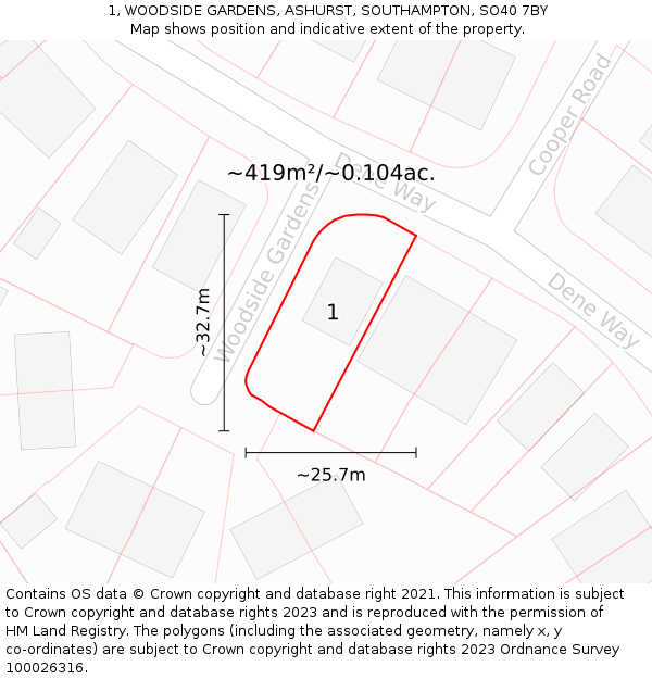 1, WOODSIDE GARDENS, ASHURST, SOUTHAMPTON, SO40 7BY: Plot and title map