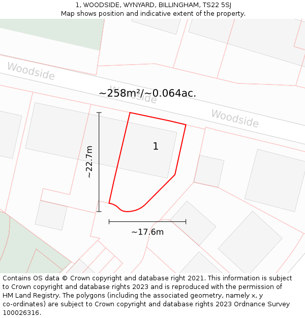 1, WOODSIDE, WYNYARD, BILLINGHAM, TS22 5SJ: Plot and title map