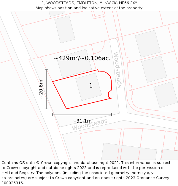 1, WOODSTEADS, EMBLETON, ALNWICK, NE66 3XY: Plot and title map