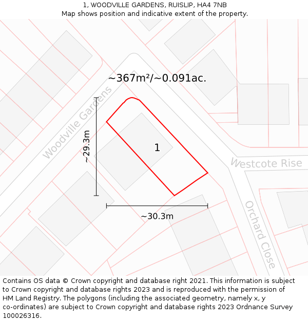 1, WOODVILLE GARDENS, RUISLIP, HA4 7NB: Plot and title map