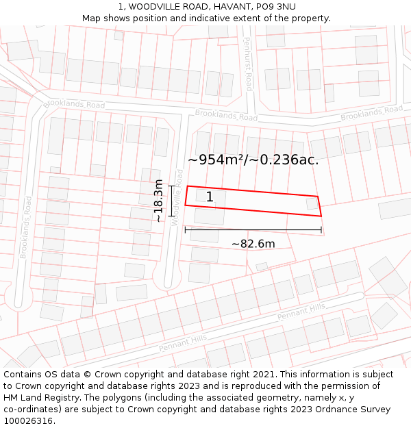 1, WOODVILLE ROAD, HAVANT, PO9 3NU: Plot and title map