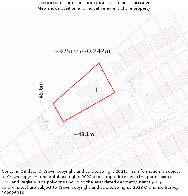 1, WOODWELL HILL, DESBOROUGH, KETTERING, NN14 2PE: Plot and title map