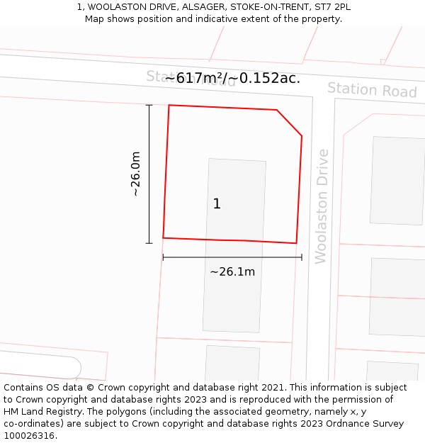 1, WOOLASTON DRIVE, ALSAGER, STOKE-ON-TRENT, ST7 2PL: Plot and title map