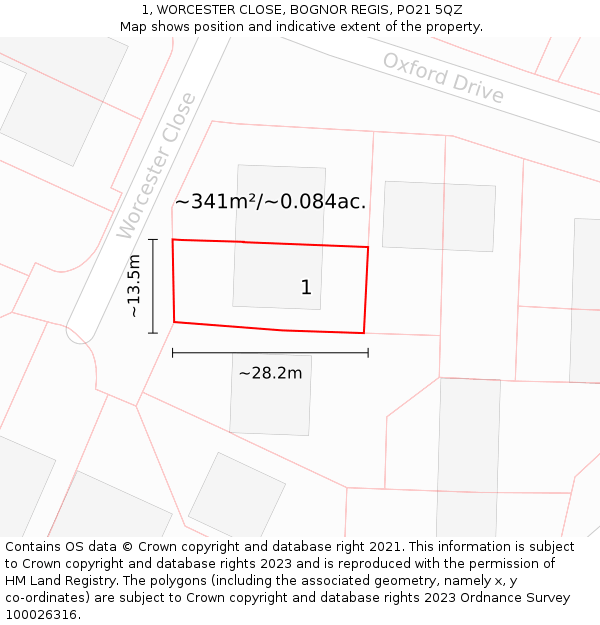 1, WORCESTER CLOSE, BOGNOR REGIS, PO21 5QZ: Plot and title map