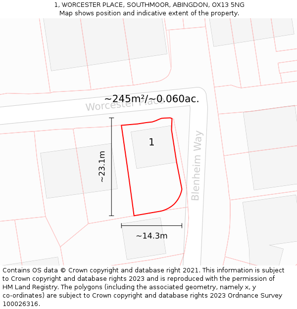 1, WORCESTER PLACE, SOUTHMOOR, ABINGDON, OX13 5NG: Plot and title map