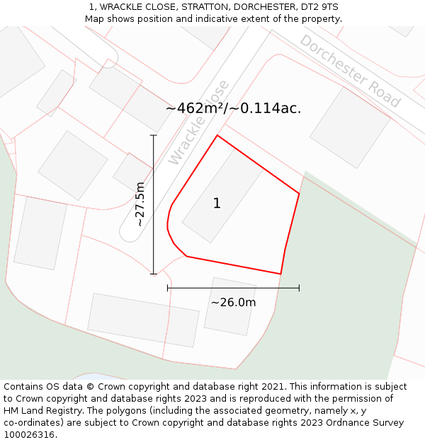 1, WRACKLE CLOSE, STRATTON, DORCHESTER, DT2 9TS: Plot and title map