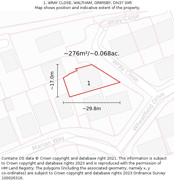 1, WRAY CLOSE, WALTHAM, GRIMSBY, DN37 0XR: Plot and title map