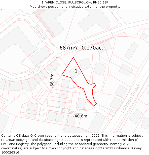 1, WREN CLOSE, PULBOROUGH, RH20 1BF: Plot and title map