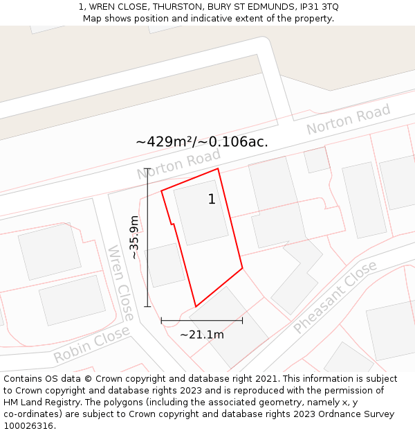 1, WREN CLOSE, THURSTON, BURY ST EDMUNDS, IP31 3TQ: Plot and title map