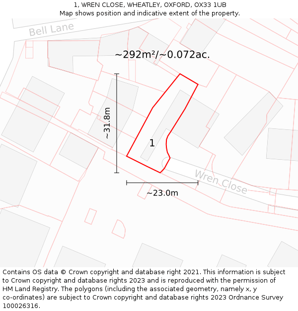 1, WREN CLOSE, WHEATLEY, OXFORD, OX33 1UB: Plot and title map