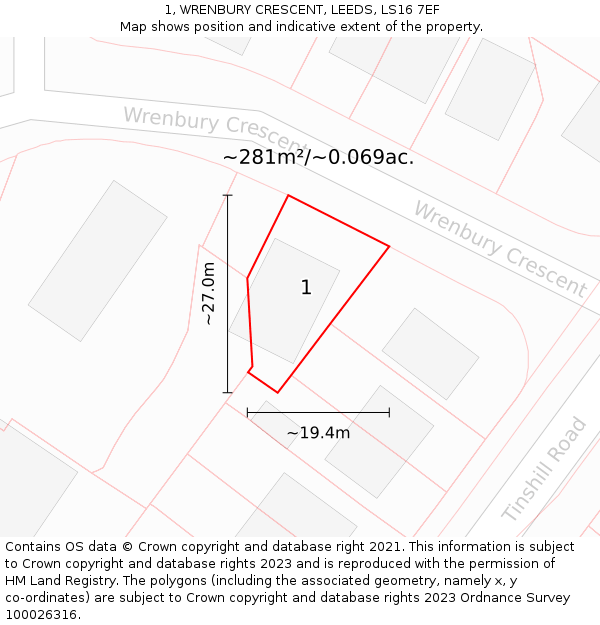1, WRENBURY CRESCENT, LEEDS, LS16 7EF: Plot and title map