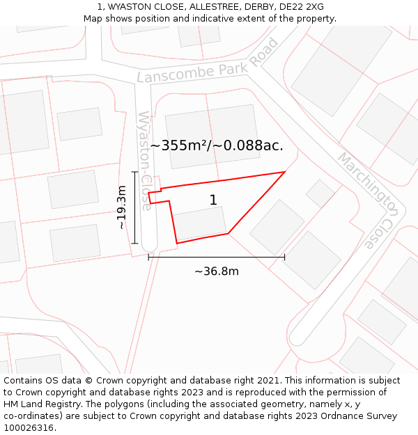 1, WYASTON CLOSE, ALLESTREE, DERBY, DE22 2XG: Plot and title map