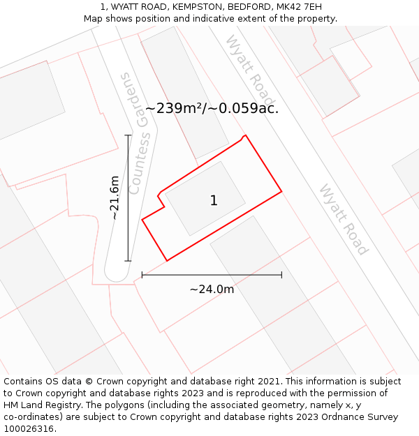 1, WYATT ROAD, KEMPSTON, BEDFORD, MK42 7EH: Plot and title map