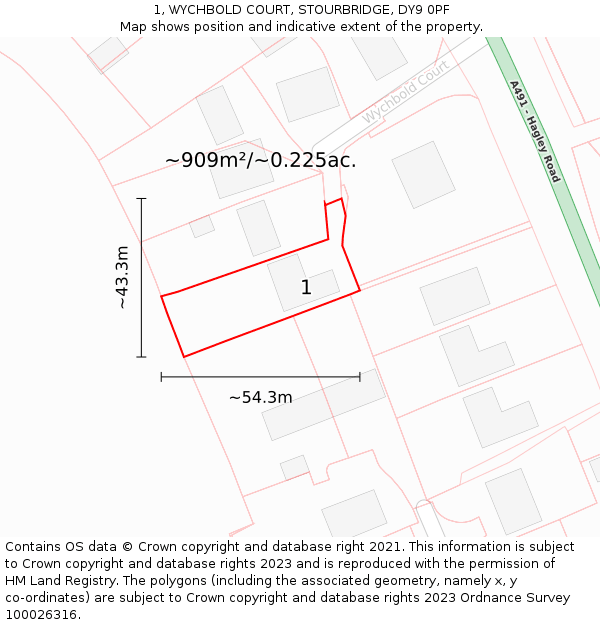 1, WYCHBOLD COURT, STOURBRIDGE, DY9 0PF: Plot and title map