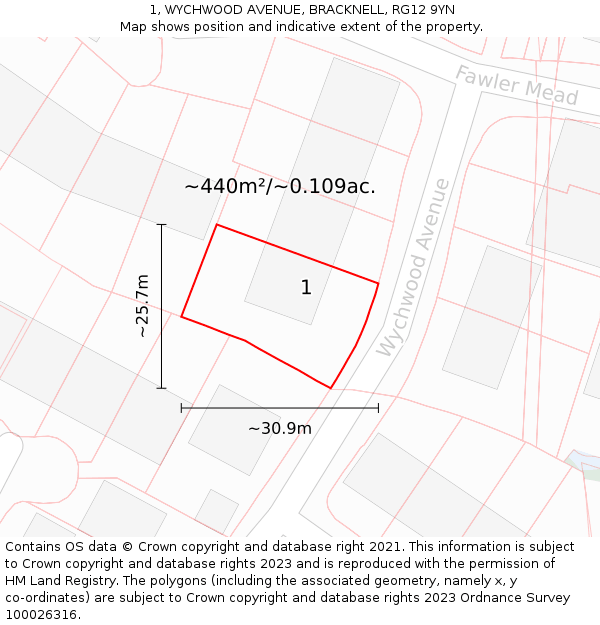 1, WYCHWOOD AVENUE, BRACKNELL, RG12 9YN: Plot and title map