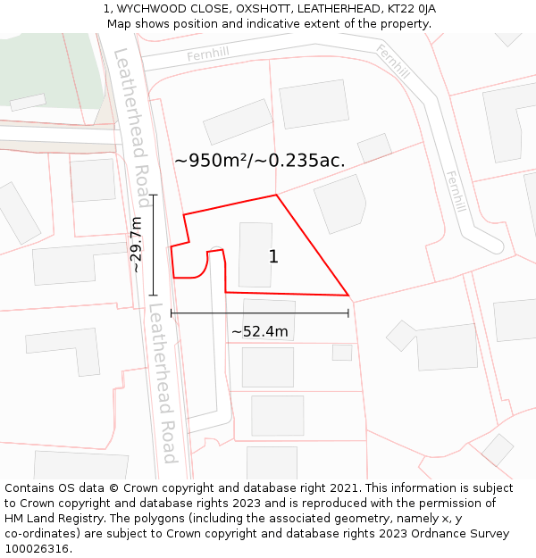 1, WYCHWOOD CLOSE, OXSHOTT, LEATHERHEAD, KT22 0JA: Plot and title map