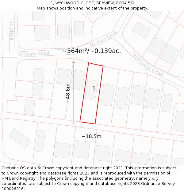 1, WYCHWOOD CLOSE, SEAVIEW, PO34 5JD: Plot and title map