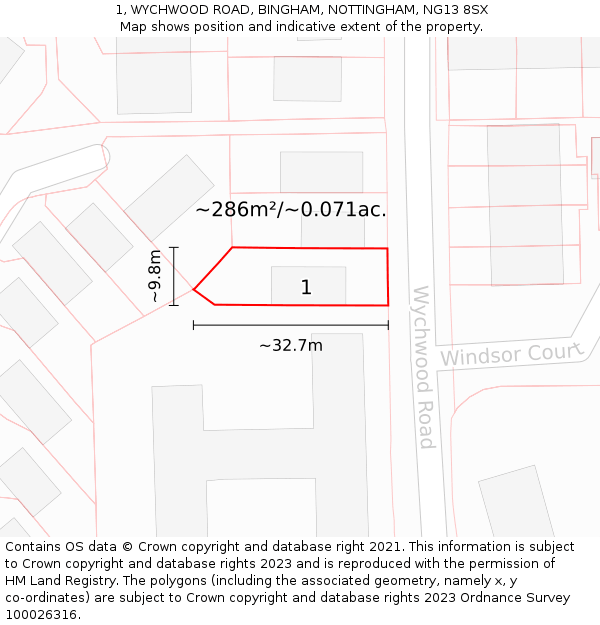 1, WYCHWOOD ROAD, BINGHAM, NOTTINGHAM, NG13 8SX: Plot and title map