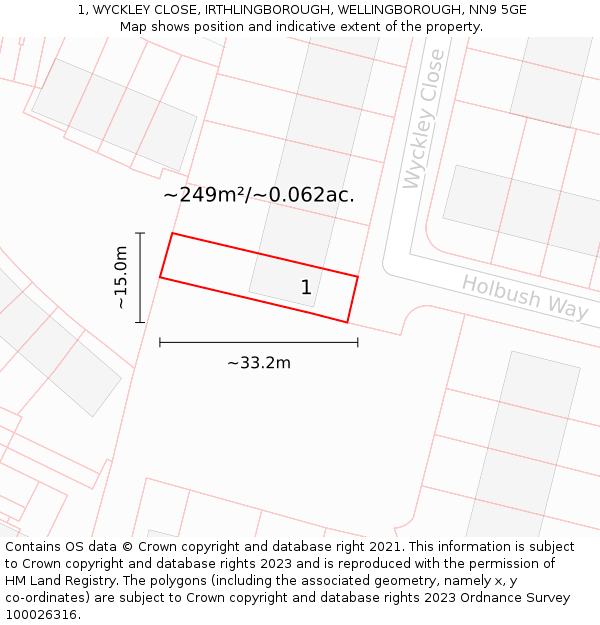 1, WYCKLEY CLOSE, IRTHLINGBOROUGH, WELLINGBOROUGH, NN9 5GE: Plot and title map