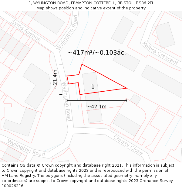 1, WYLINGTON ROAD, FRAMPTON COTTERELL, BRISTOL, BS36 2FL: Plot and title map