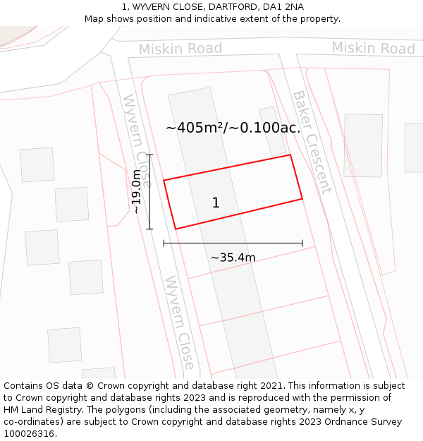 1, WYVERN CLOSE, DARTFORD, DA1 2NA: Plot and title map