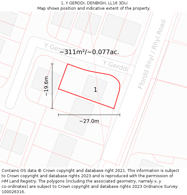 1, Y GERDDI, DENBIGH, LL16 3DU: Plot and title map