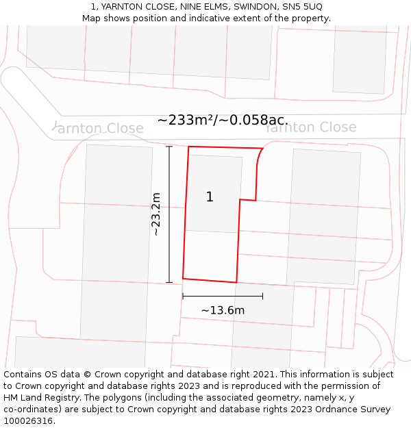 1, YARNTON CLOSE, NINE ELMS, SWINDON, SN5 5UQ: Plot and title map