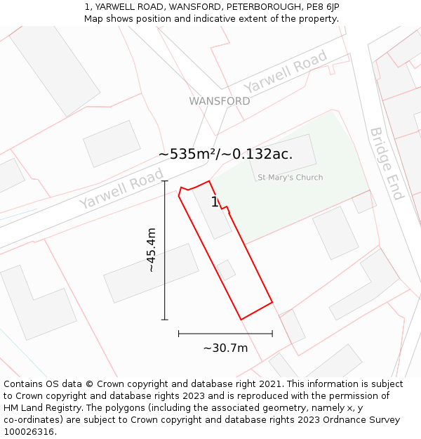 1, YARWELL ROAD, WANSFORD, PETERBOROUGH, PE8 6JP: Plot and title map