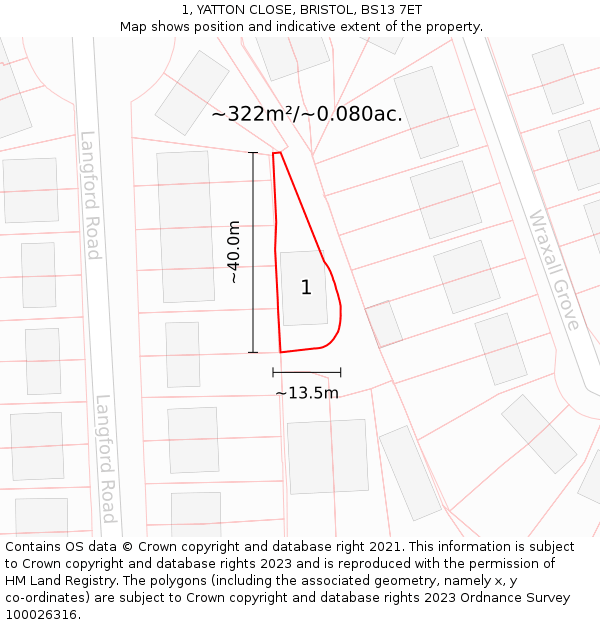 1, YATTON CLOSE, BRISTOL, BS13 7ET: Plot and title map