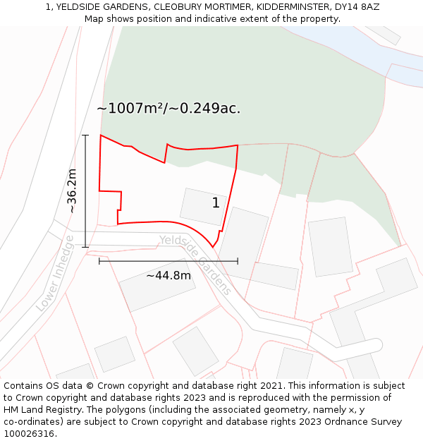 1, YELDSIDE GARDENS, CLEOBURY MORTIMER, KIDDERMINSTER, DY14 8AZ: Plot and title map