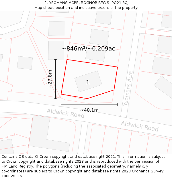 1, YEOMANS ACRE, BOGNOR REGIS, PO21 3QJ: Plot and title map