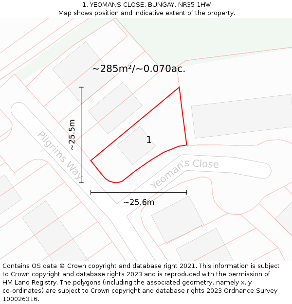 1, YEOMANS CLOSE, BUNGAY, NR35 1HW: Plot and title map