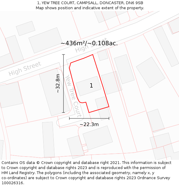 1, YEW TREE COURT, CAMPSALL, DONCASTER, DN6 9SB: Plot and title map