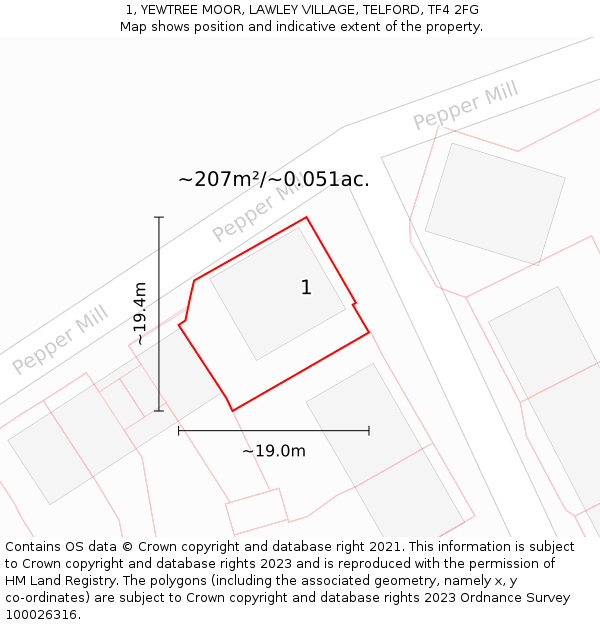 1, YEWTREE MOOR, LAWLEY VILLAGE, TELFORD, TF4 2FG: Plot and title map