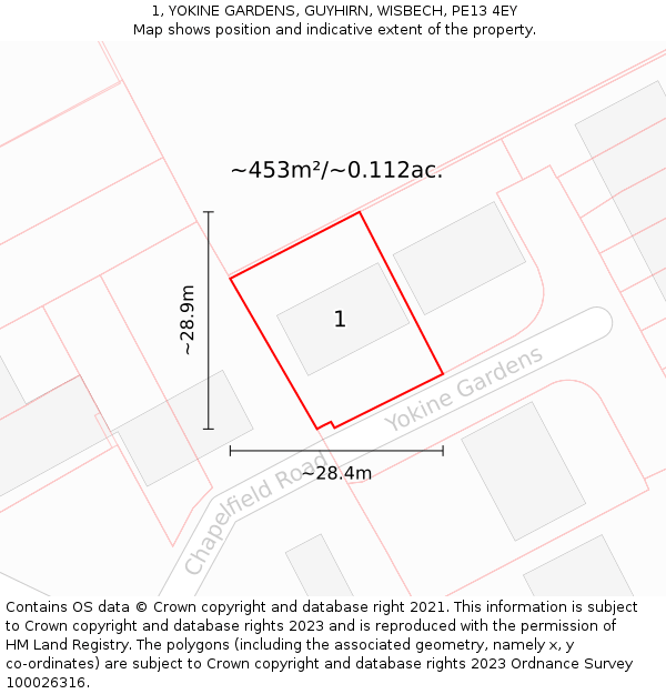 1, YOKINE GARDENS, GUYHIRN, WISBECH, PE13 4EY: Plot and title map