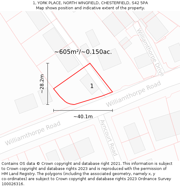 1, YORK PLACE, NORTH WINGFIELD, CHESTERFIELD, S42 5PA: Plot and title map