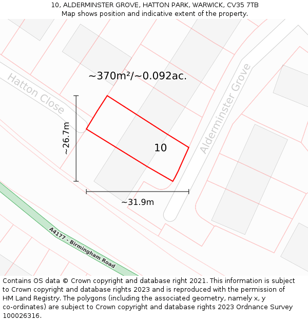 10, ALDERMINSTER GROVE, HATTON PARK, WARWICK, CV35 7TB: Plot and title map