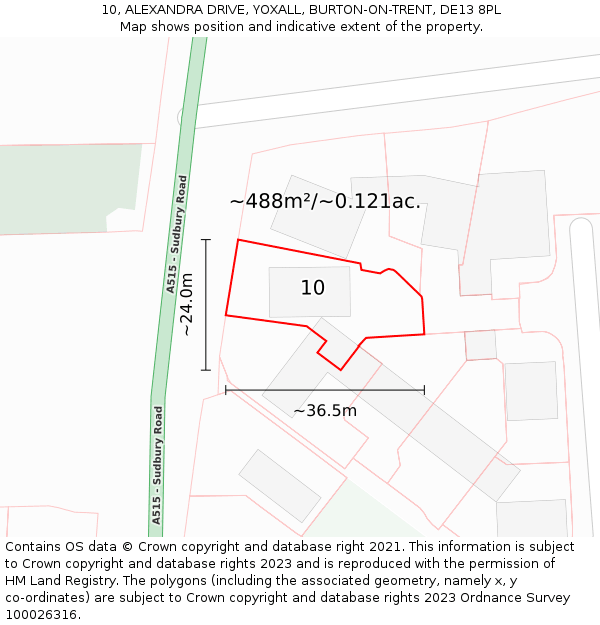 10, ALEXANDRA DRIVE, YOXALL, BURTON-ON-TRENT, DE13 8PL: Plot and title map