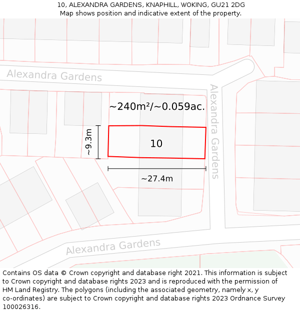 10, ALEXANDRA GARDENS, KNAPHILL, WOKING, GU21 2DG: Plot and title map