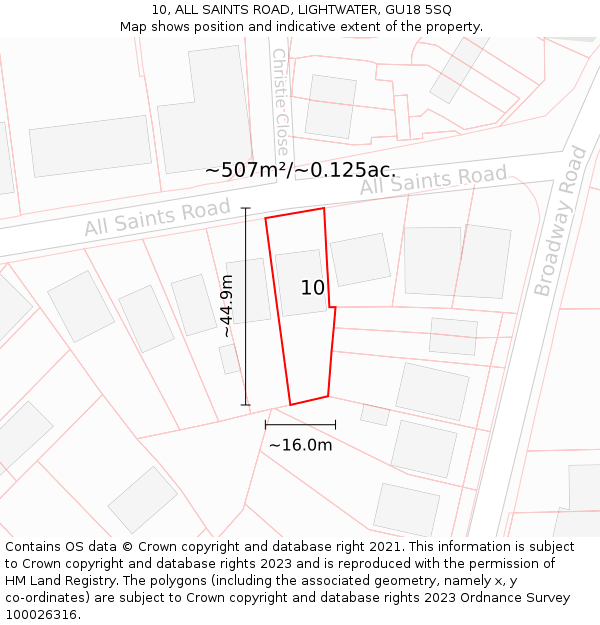 10, ALL SAINTS ROAD, LIGHTWATER, GU18 5SQ: Plot and title map