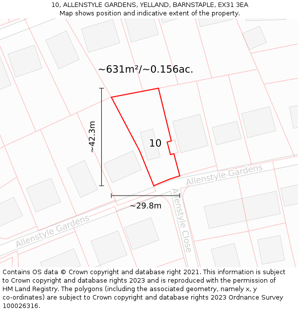 10, ALLENSTYLE GARDENS, YELLAND, BARNSTAPLE, EX31 3EA: Plot and title map