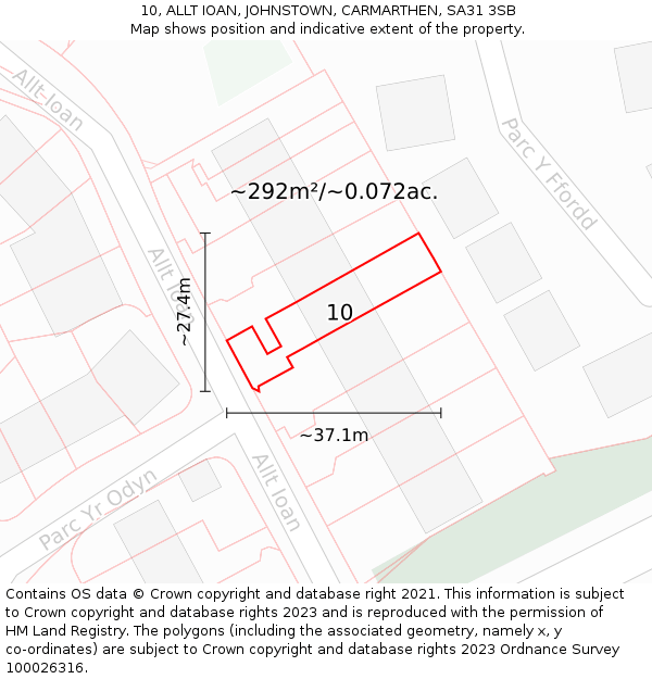 10, ALLT IOAN, JOHNSTOWN, CARMARTHEN, SA31 3SB: Plot and title map