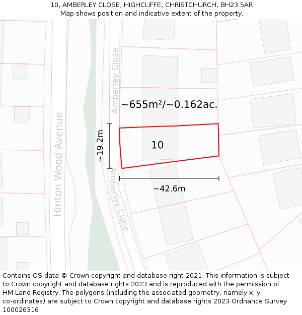 10, AMBERLEY CLOSE, HIGHCLIFFE, CHRISTCHURCH, BH23 5AR: Plot and title map