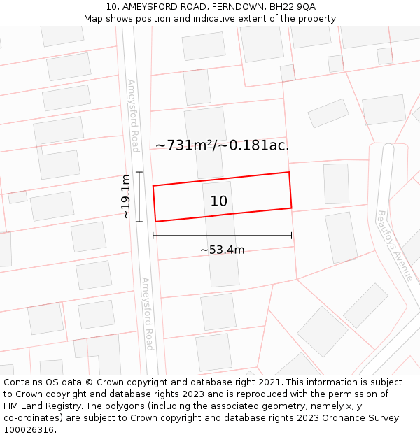 10, AMEYSFORD ROAD, FERNDOWN, BH22 9QA: Plot and title map