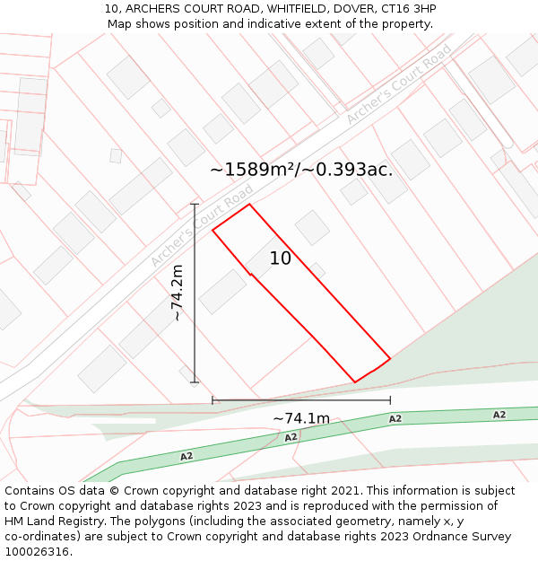 10, ARCHERS COURT ROAD, WHITFIELD, DOVER, CT16 3HP: Plot and title map